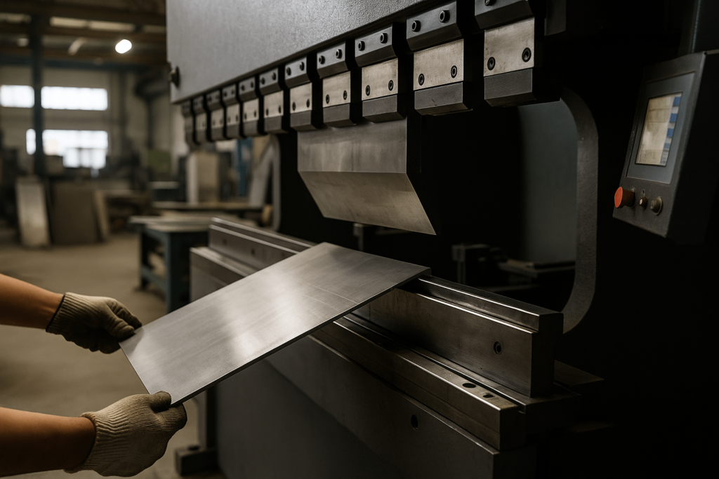 J4 stainless steel being fabricated on CNC bending machine in Chinese metal workshop