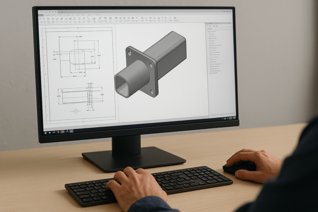 CAD design of custom steel tube showing technical drawings and digital modeling process for OEM fabrication.