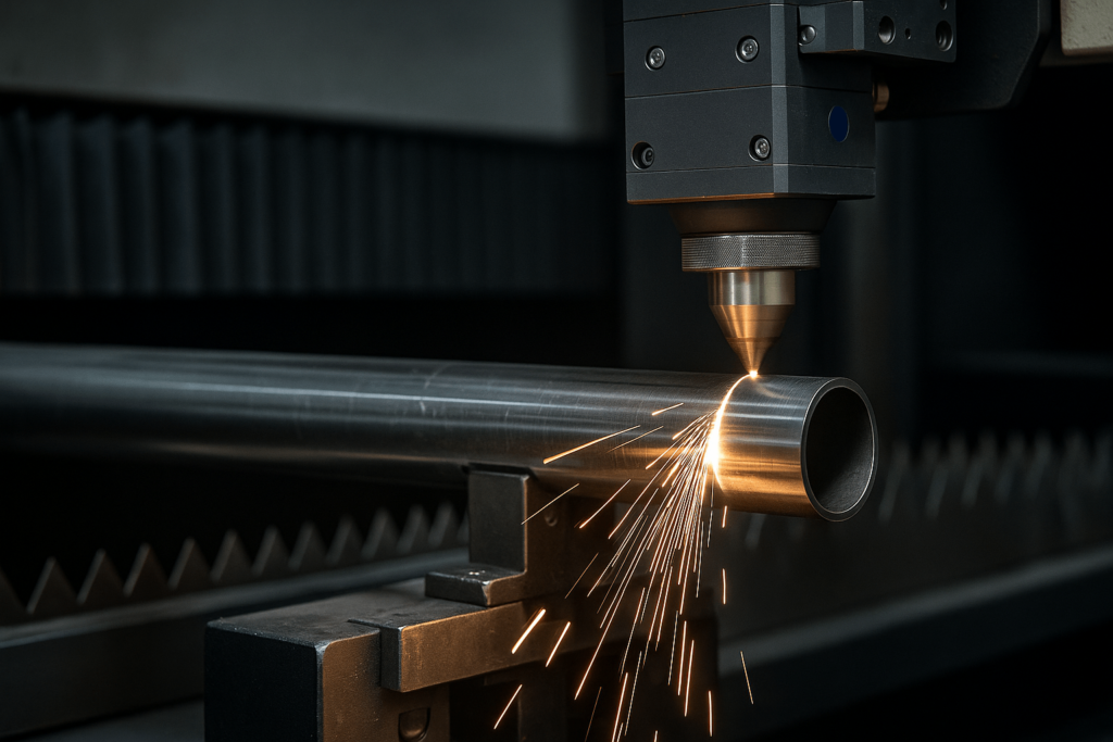 Laser tube cutting machine processing stainless steel tubes in a precision fabrication workshop in China.