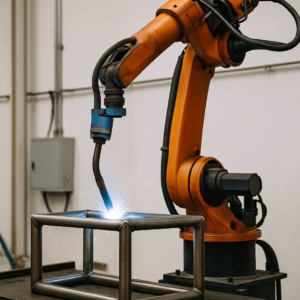 Industrial robotic welding of custom steel tubes ensuring consistent joints and high export quality.