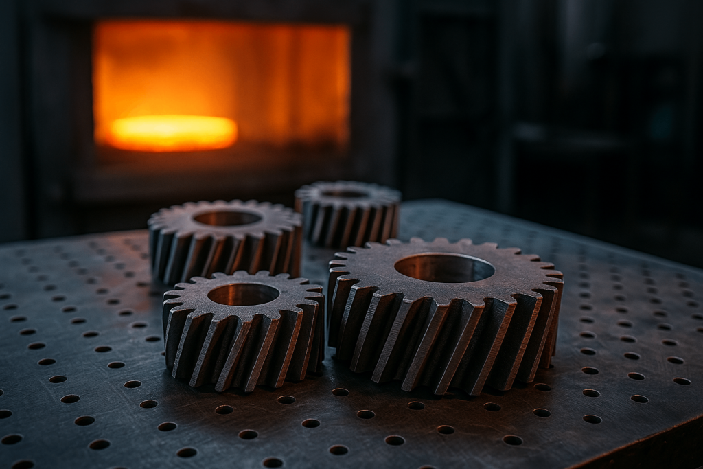 Heat-treated spur gears cooling on inspection table after hardening process