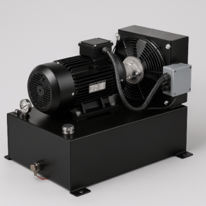 Functional layout of hydraulic power pack showing oil tank, motor, cooling fan, and electrical junction box integration