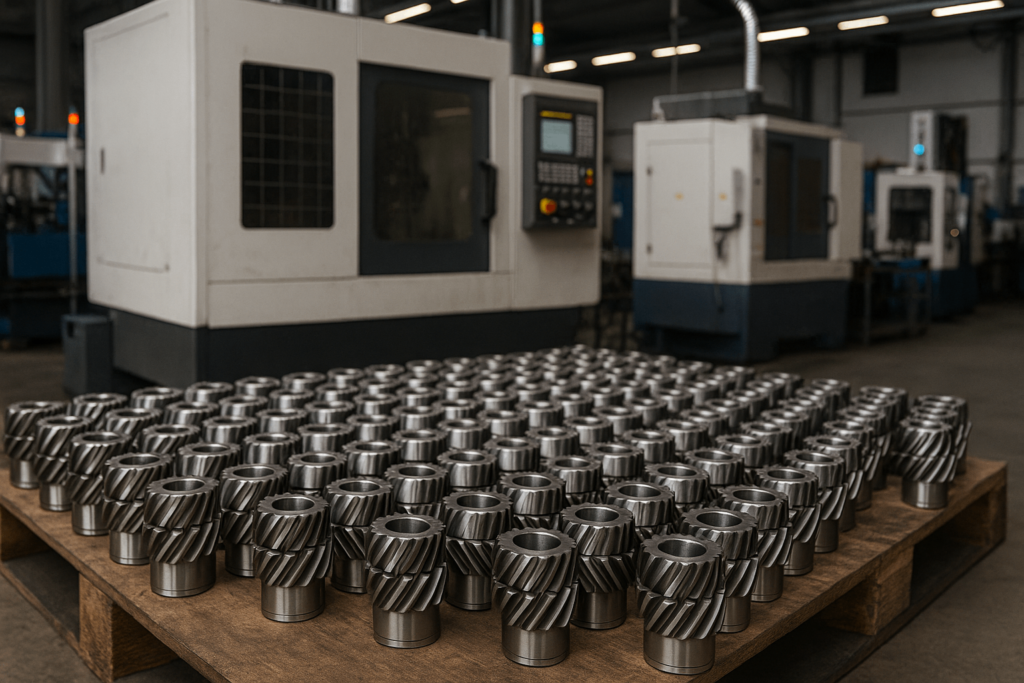 Mass production of helical gears in a Chinese CNC factory