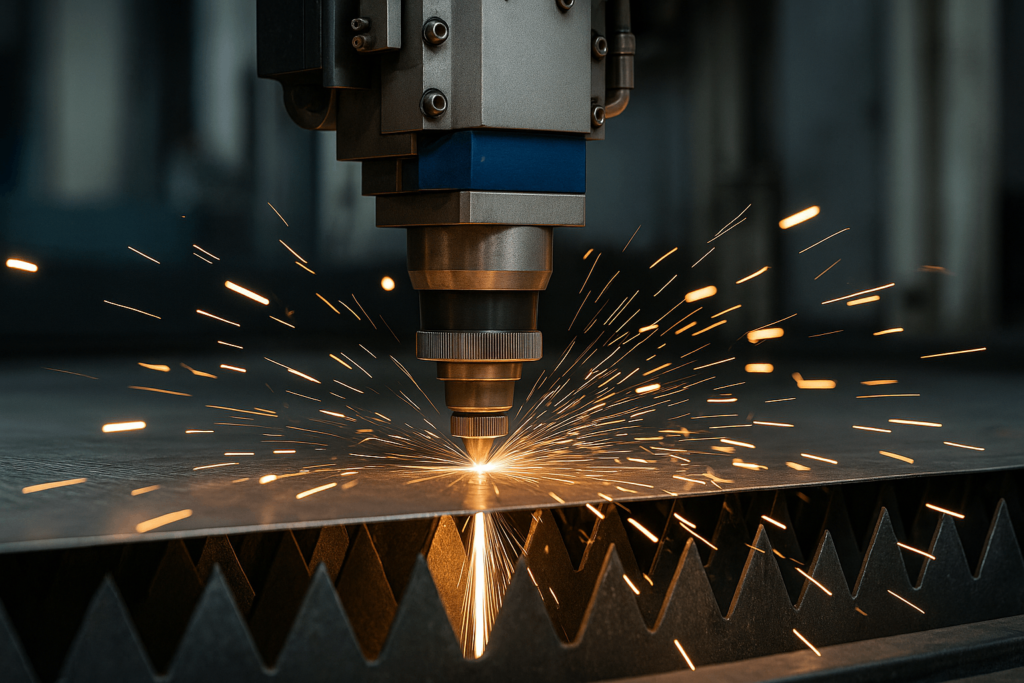 Fiber laser cutting stainless steel with sparks in a real factory