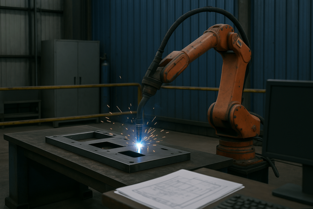 Robotic welding arm in a Chinese sheet metal factory using AI-driven path planning
