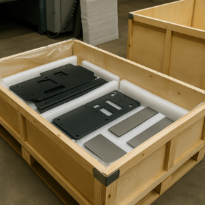 Export packaging of custom laser cut metal parts in moisture-proof crates
