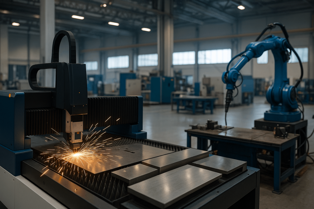 Automated fiber laser cutting machine and robotic welding system in operation