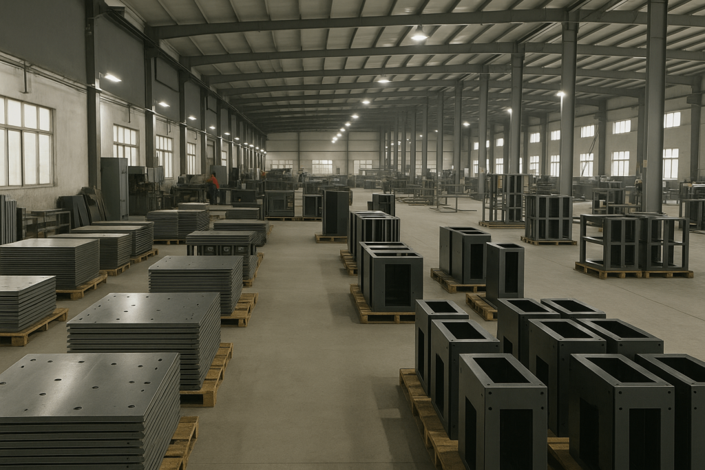 Chinese metal fabrication workshop with sheet steel components and clean production layout