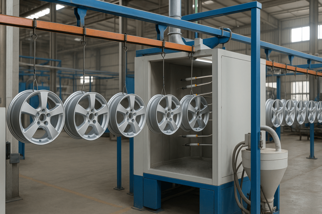 Industrial powder coating line in a Chinese metal fabrication factory