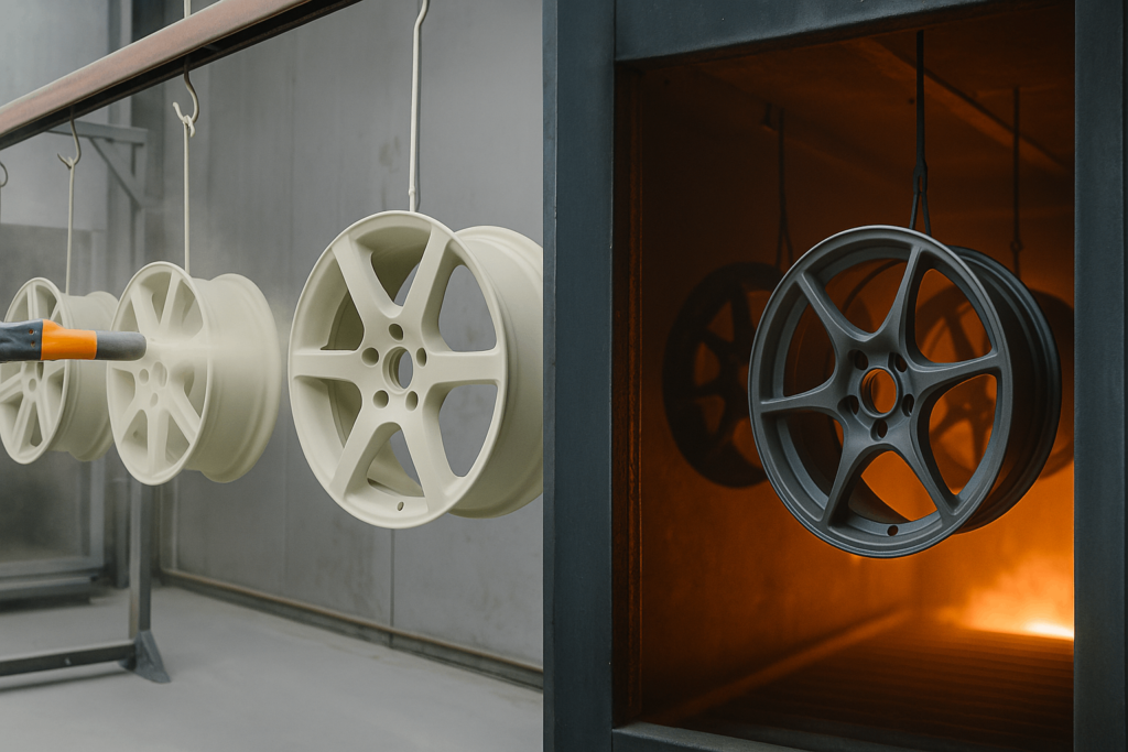 Powder coating application and curing process for alloy wheels in a controlled industrial environment