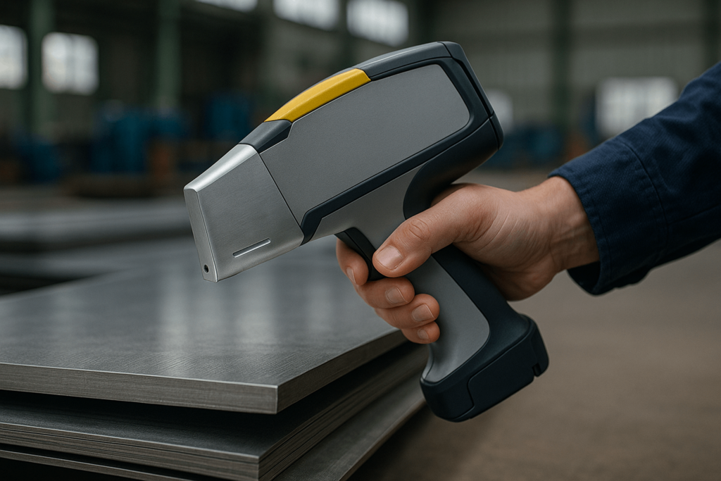 Handheld XRF analyzer testing stainless steel for PMI verification in factory setting