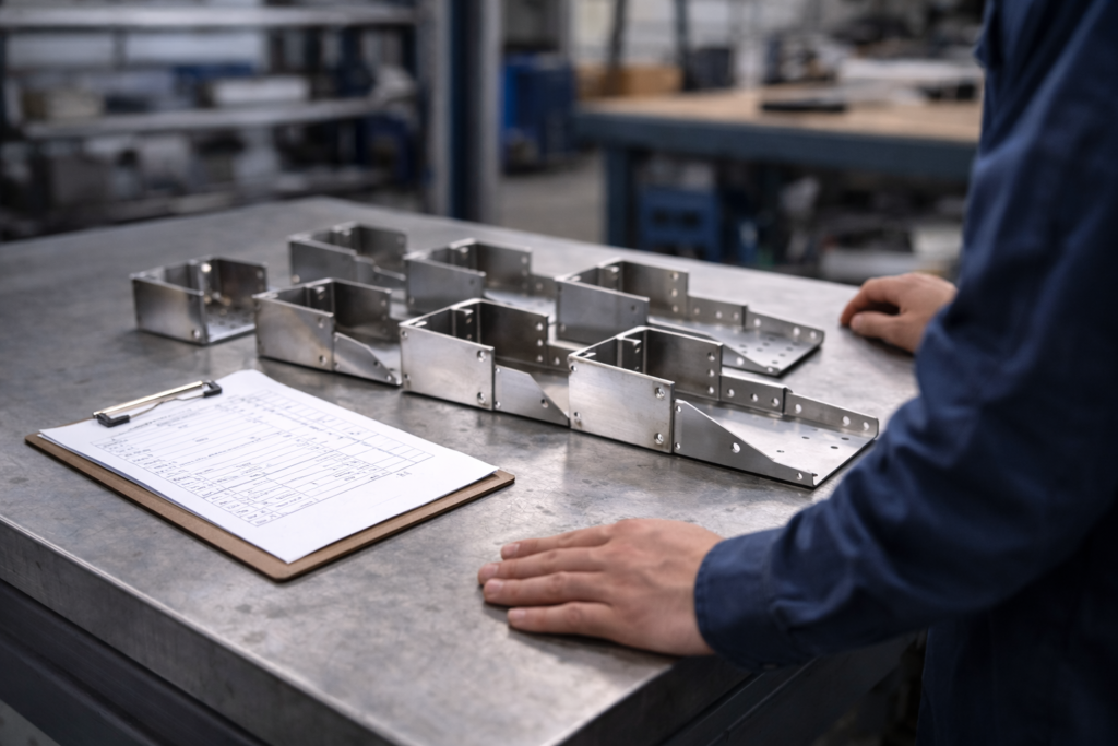 multiple sheet metal prototype parts inspected for repeatability in production setup