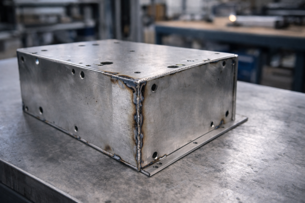 sheet metal welding distortion visible on enclosure prototype during fabrication