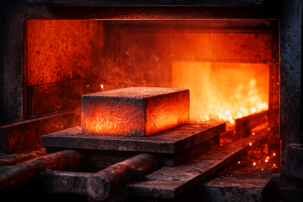 Red-hot metal being heated in an industrial furnace, showing thermal behavior before melting