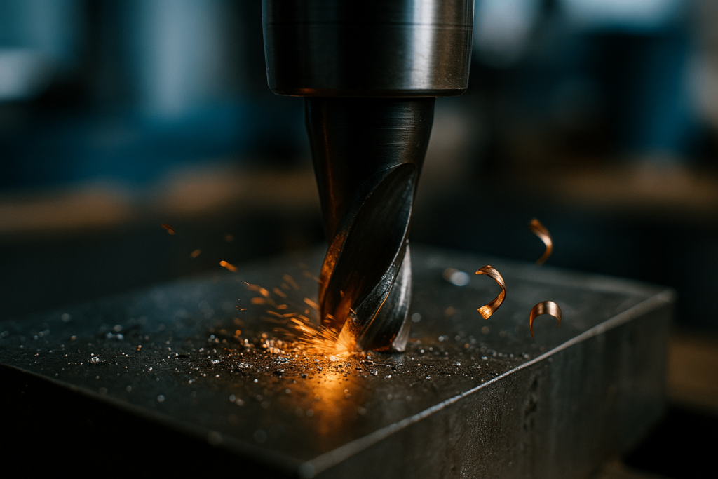 Close-up view of metal chips and heat during milling, showing chip flow and cutting mechanics in CNC machining.