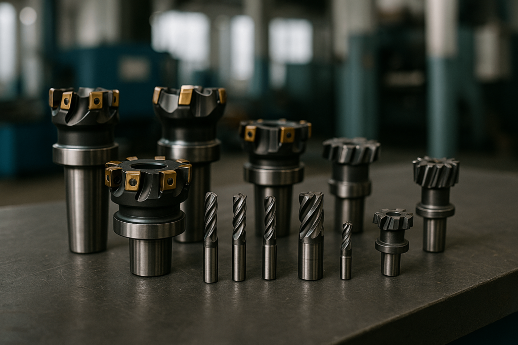 Different types of milling cutters such as end mills, face mills, and T-slot cutters displayed on a workbench.