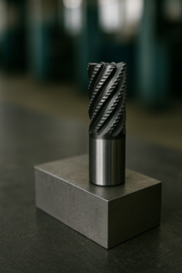 Serrated roughing end mill used for high material removal in steel machining.