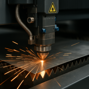 Laser cutting machine processing sheet metal in a Chinese fabrication plant