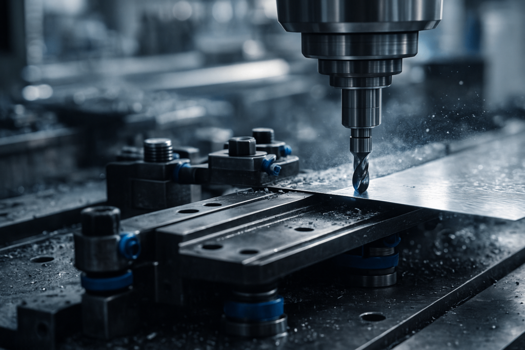 CNC milling thin sheet metal with vibration control and proper fixturing in a factory setting.