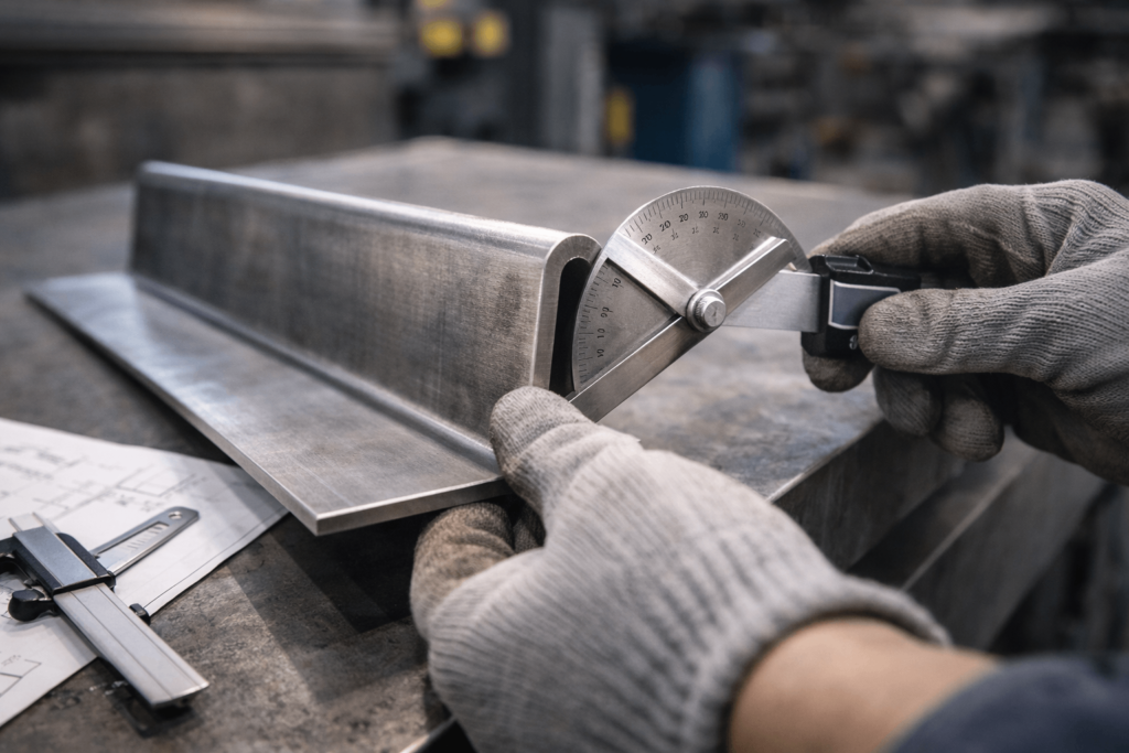 Measuring springback angle on bent steel plate after press brake forming
