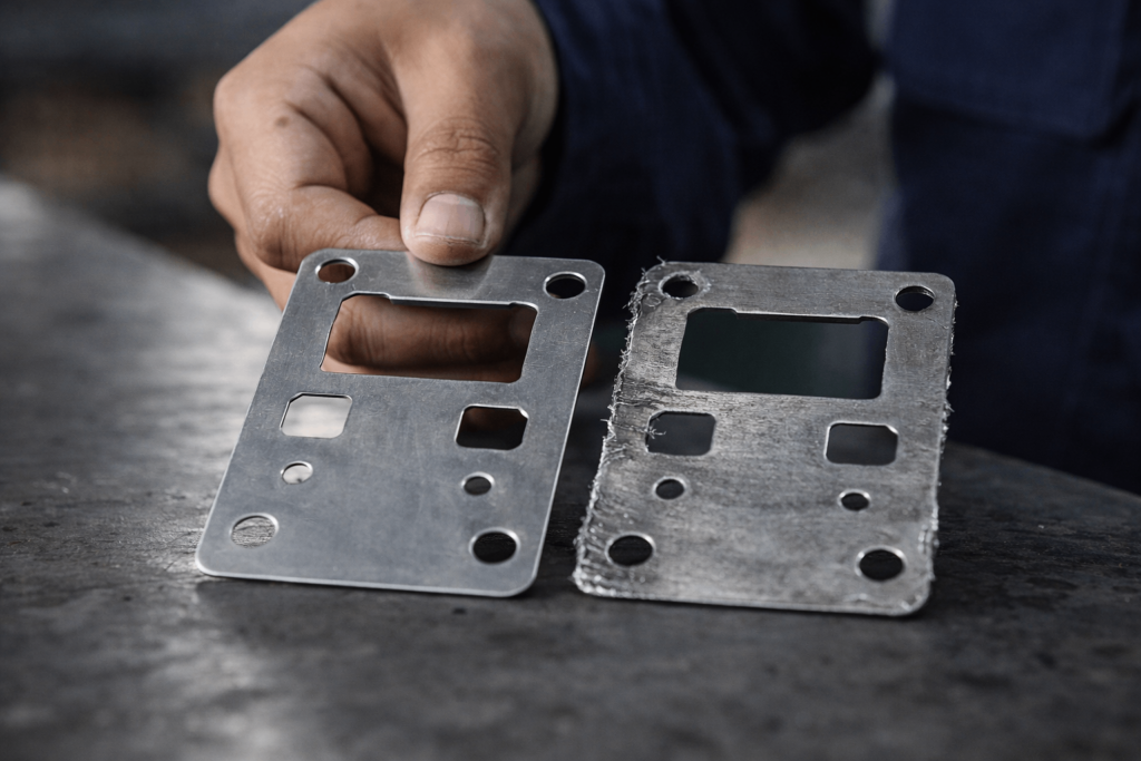 Stamped metal parts showing burr growth and dimensional drift