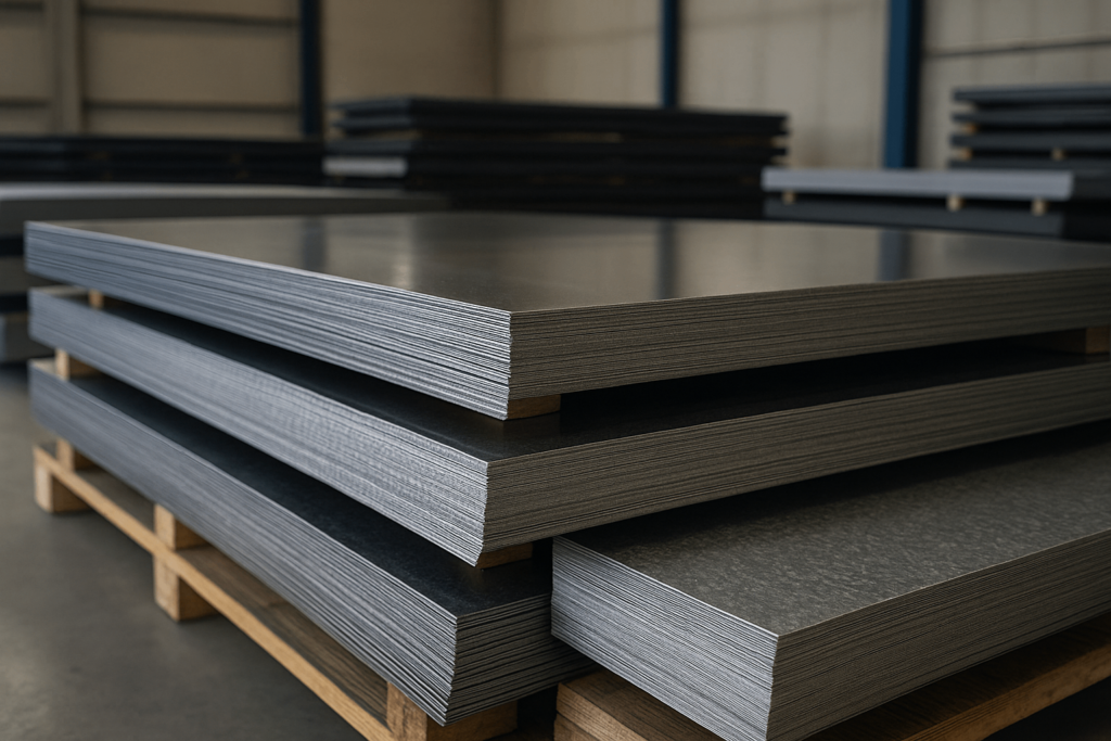 High-quality sheet metal materials in a manufacturing facility, including stainless steel, galvanized steel, and aluminum sheets.