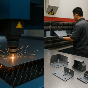 CNC laser cutting and press-brake bending of sheet metal parts in a modern Chinese fabrication workshop.