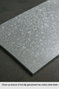 Close-up texture of hot-dip galvanized low carbon steel sheet