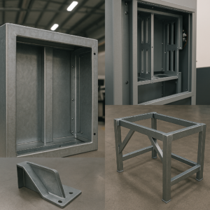 Sheet metal structural frames and reinforced components showing strength gained through geometry and bending design.