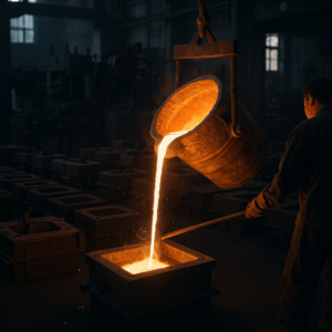 Chinese metal foundry pouring molten metal in industrial workshop
