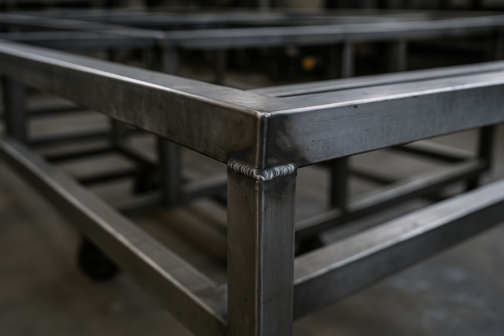 Close-up of welded metal frame showing structural integrity and alignment
