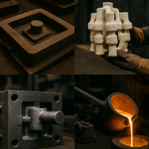 Different metal casting methods including sand molds and investment casting shells