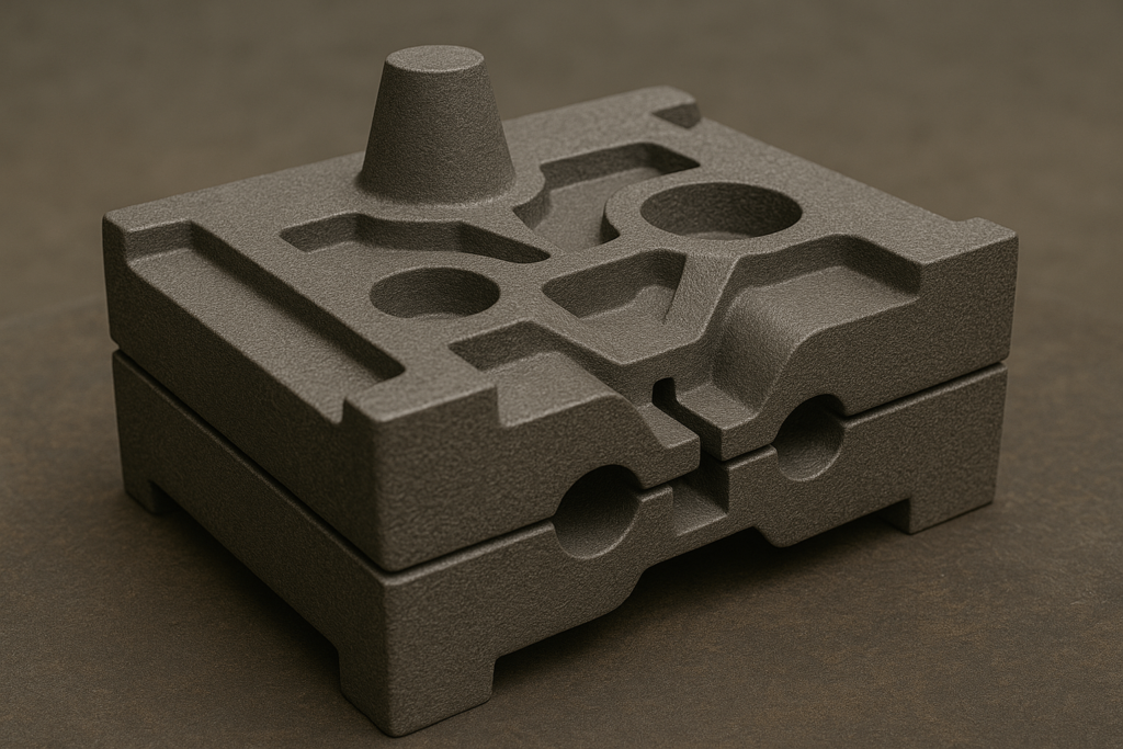 Precision metal casting mold showing gating and riser design