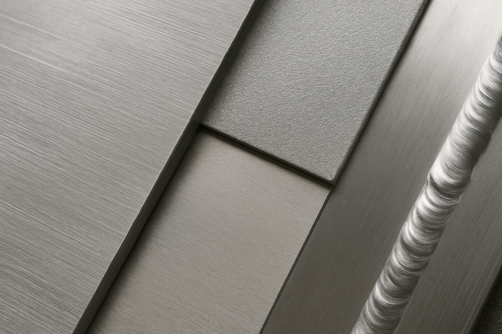 Close-up of aluminum surface finishes including brushed and bead-blasted textures before anodizing