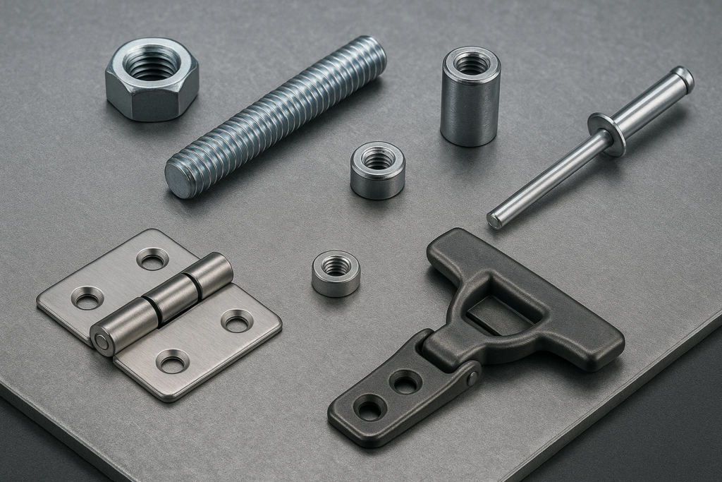 Common sheet metal hardware types including studs nuts standoffs hinges and latches