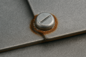 Galvanic corrosion example on metal fastener and panel surface