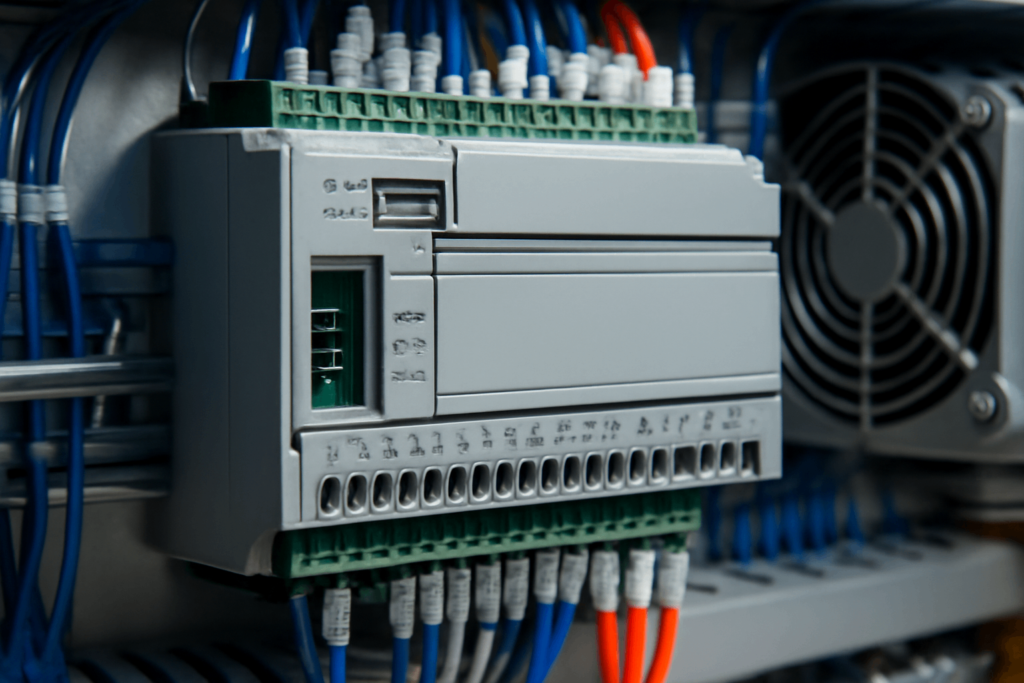 Close-up of a programmable logic controller (PLC) inside an industrial control panel.
