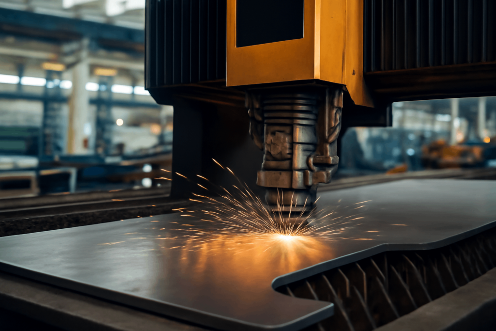 High-efficiency metal cutting machine in action at a manufacturing facility