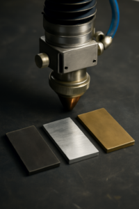 Close-up of laser cutting head with different metal materials for selection