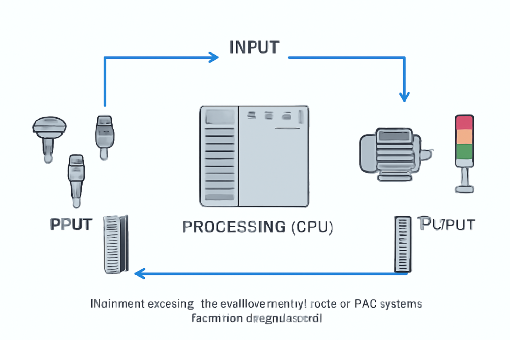 Illustration showing the real-time control cycle of PLC systems in industrial applications.