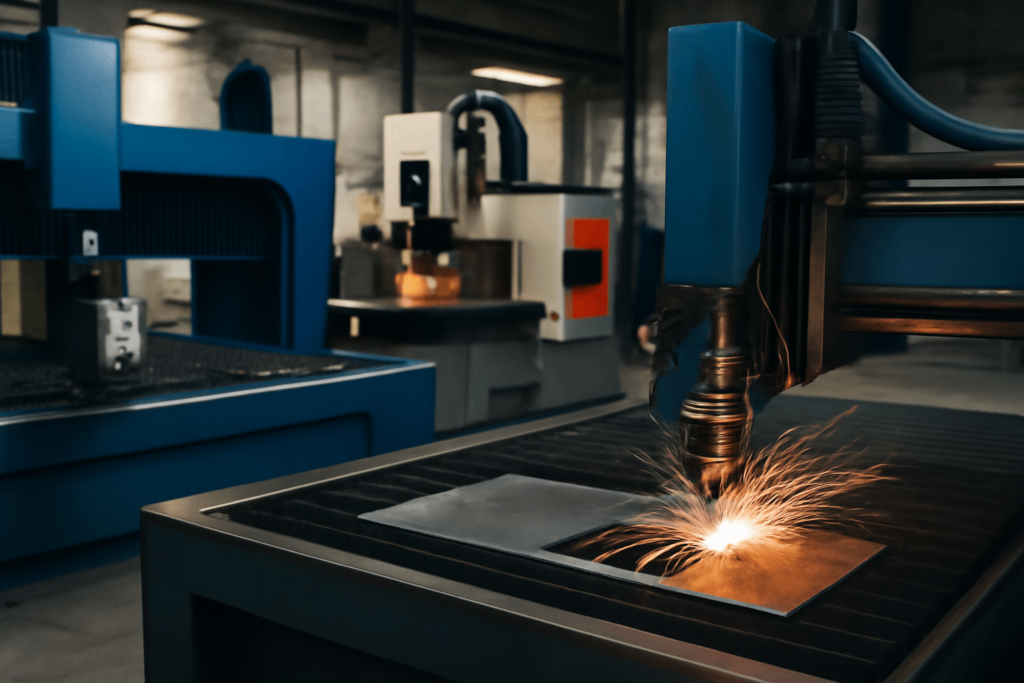 Comparison of different metal cutting methods in a factory workshop