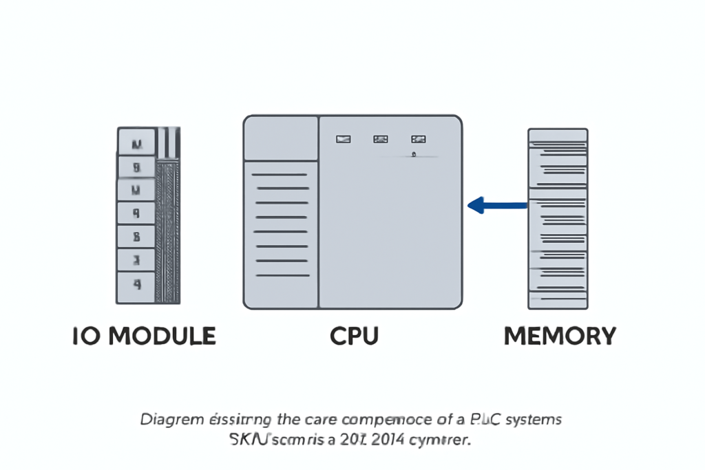 Diagram showing the core components of a PLC system: CPU, memory, and I/O modules.