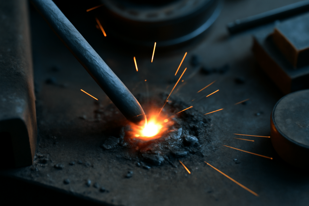 Close-up of flux-coated electrode and molten metal during welding