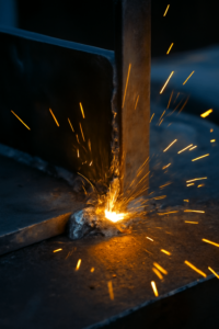 Detailed view of welding joint with flux melting metal, sparks visible