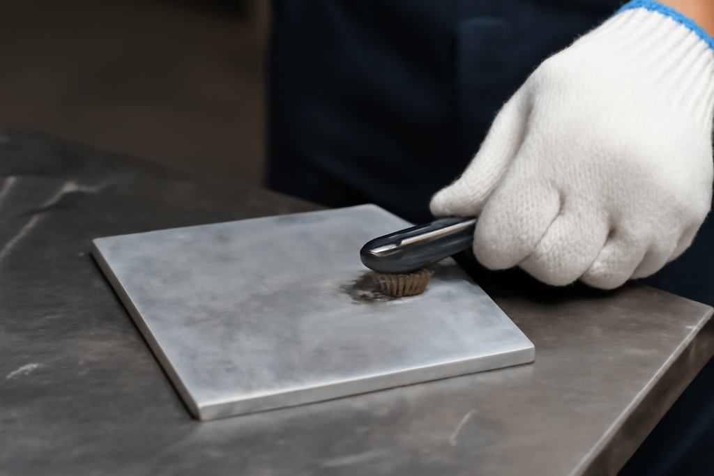 Aluminum with oxide layer being cleaned before soldering process.