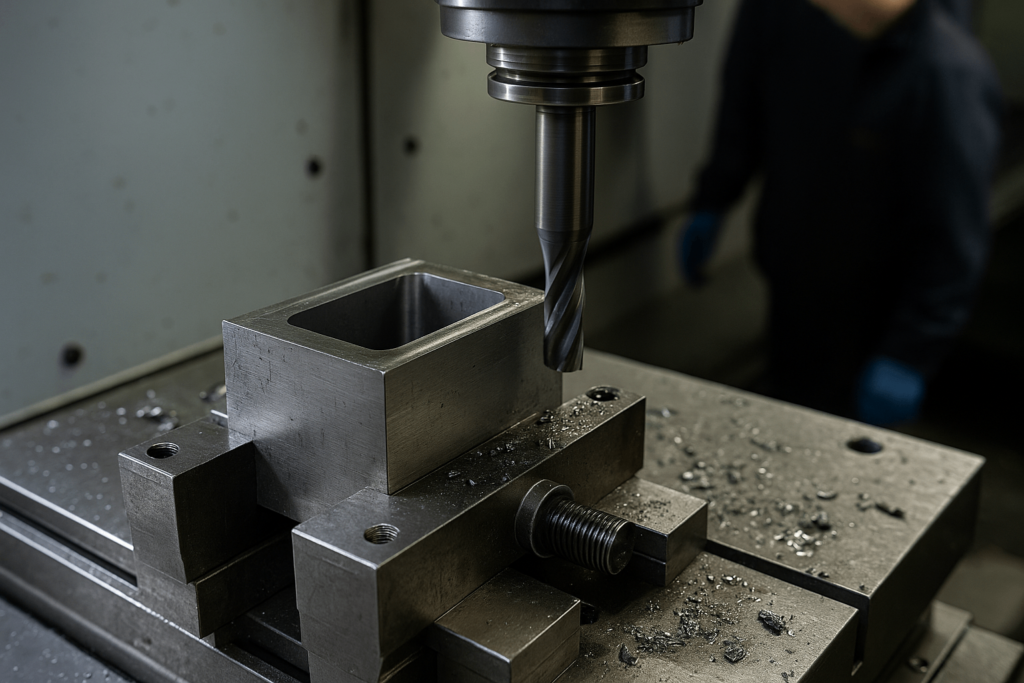 CNC machining steel part with deep pocket and long cutting tool