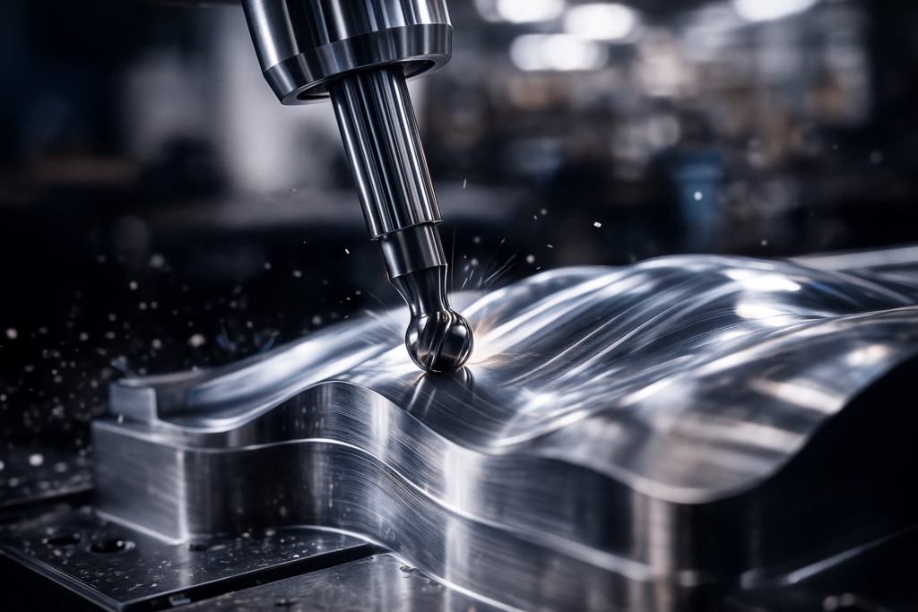 Ball-nose end mill machining a 3D contoured metal surface for precision finishing.