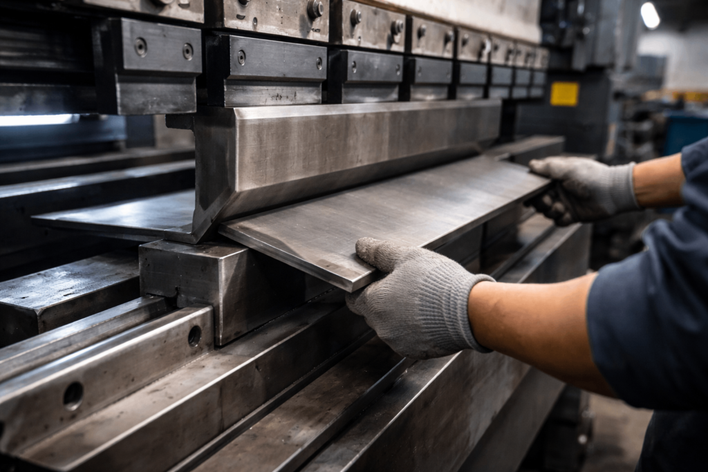 Press brake bending thick steel plate in metal fabrication factory