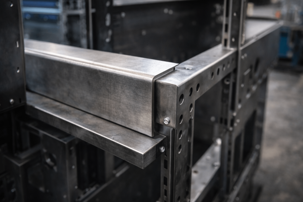 Bent steel plate used as structural component in metal assembly