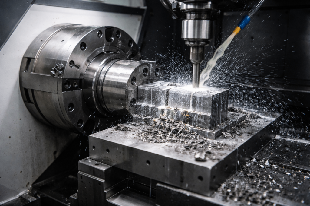CNC machining process showing cutting and chip formation